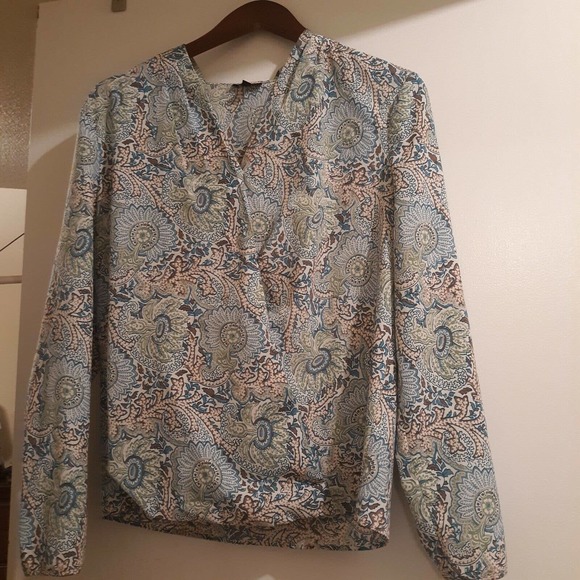 Talbots Tops - Talbots Floral Print Faux Wrap Top Blouse Shirt Size 10 Medium Teal, Brown, Gree